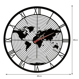 Dünya Haritalı Radar Çizgili Romen Rakamlı Lazer Kesim Dekoratif Metal Duvar Saati