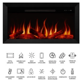 Zaya Alaf 100cm Metal Çerçeveli Isıtmalı Sınırsız Alev Renkli Elektrikli Şömine